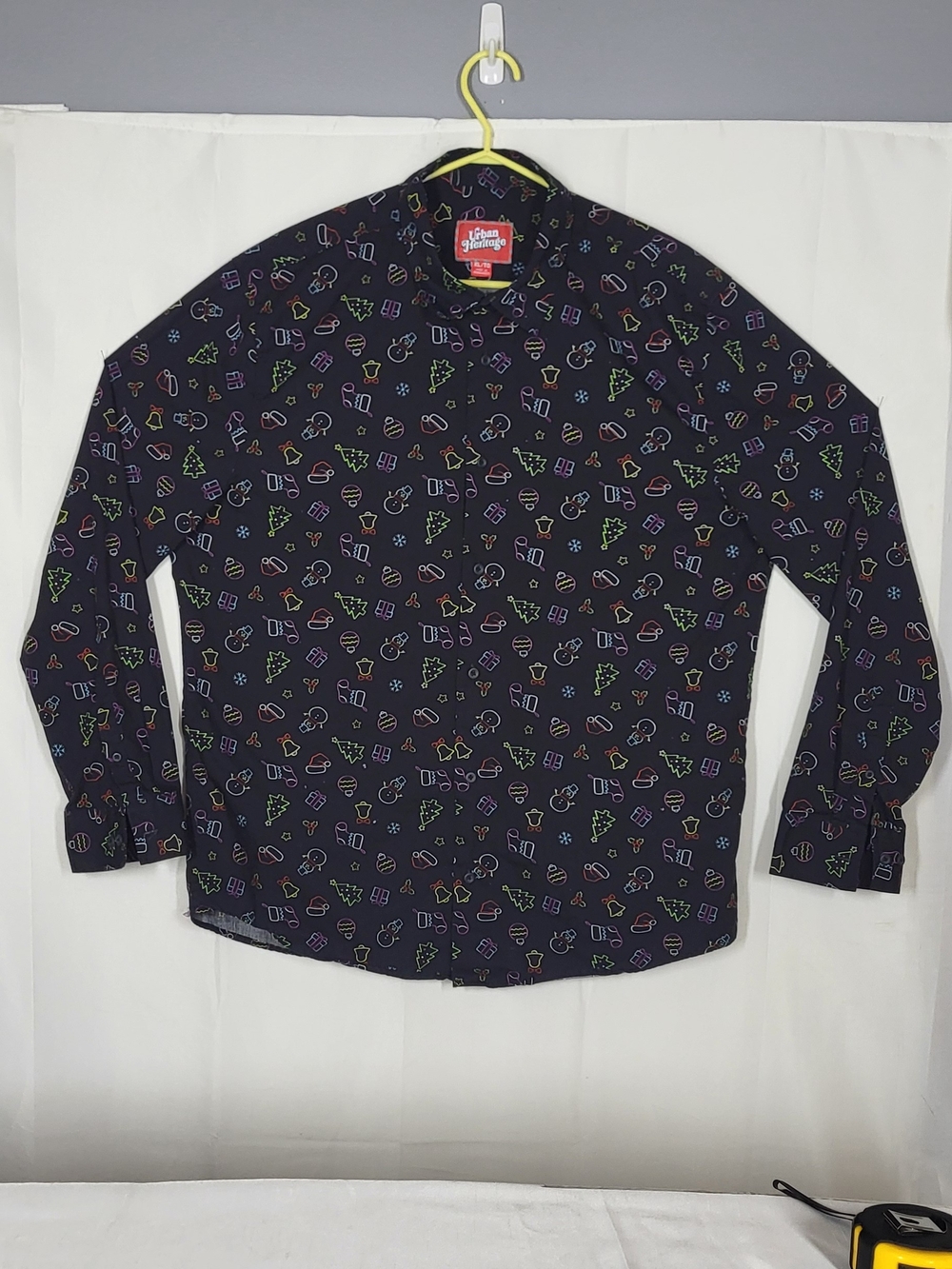 Urban Heritage Black Long-Sleeve Button-Up with Neon Holiday Icons